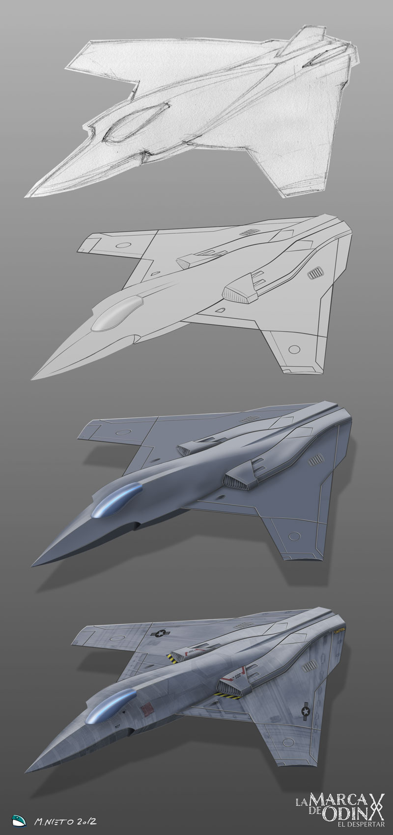 Fases de trabajo de la ilustración del X-56 Fénix