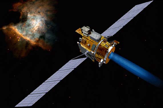 Representación gráfica de una sonda espacial propulsada por un motor de iones de la NASA